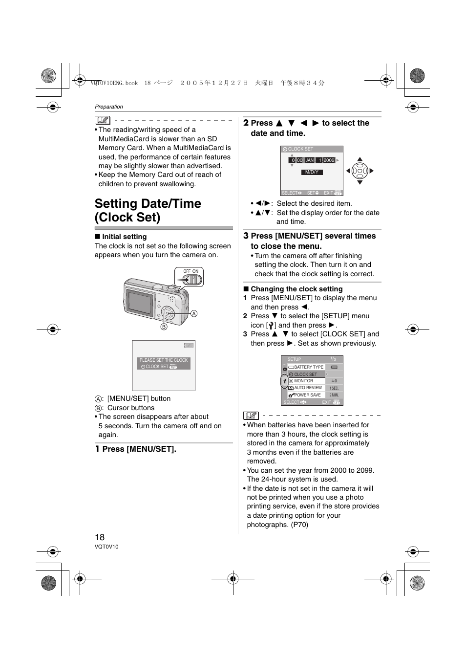 Setting date/time (clock set), 3 press [menu/set] several times to close the menu | Panasonic DMC-LS2 User Manual | Page 18 / 104