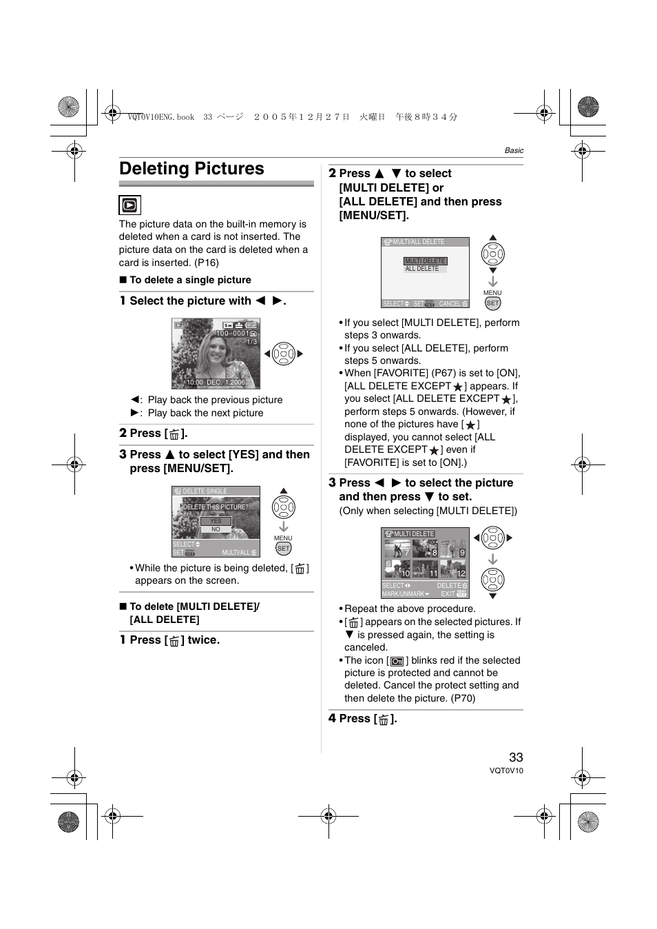 Deleting pictures, 1 select the picture with 2 1, 4 press | Panasonic DMC-LS2 User Manual | Page 33 / 104