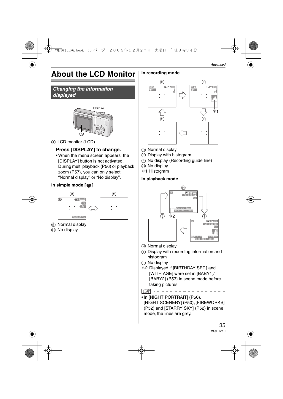 Advanced, About the lcd monitor, Changing the information displayed | Press [display] to change | Panasonic DMC-LS2 User Manual | Page 35 / 104