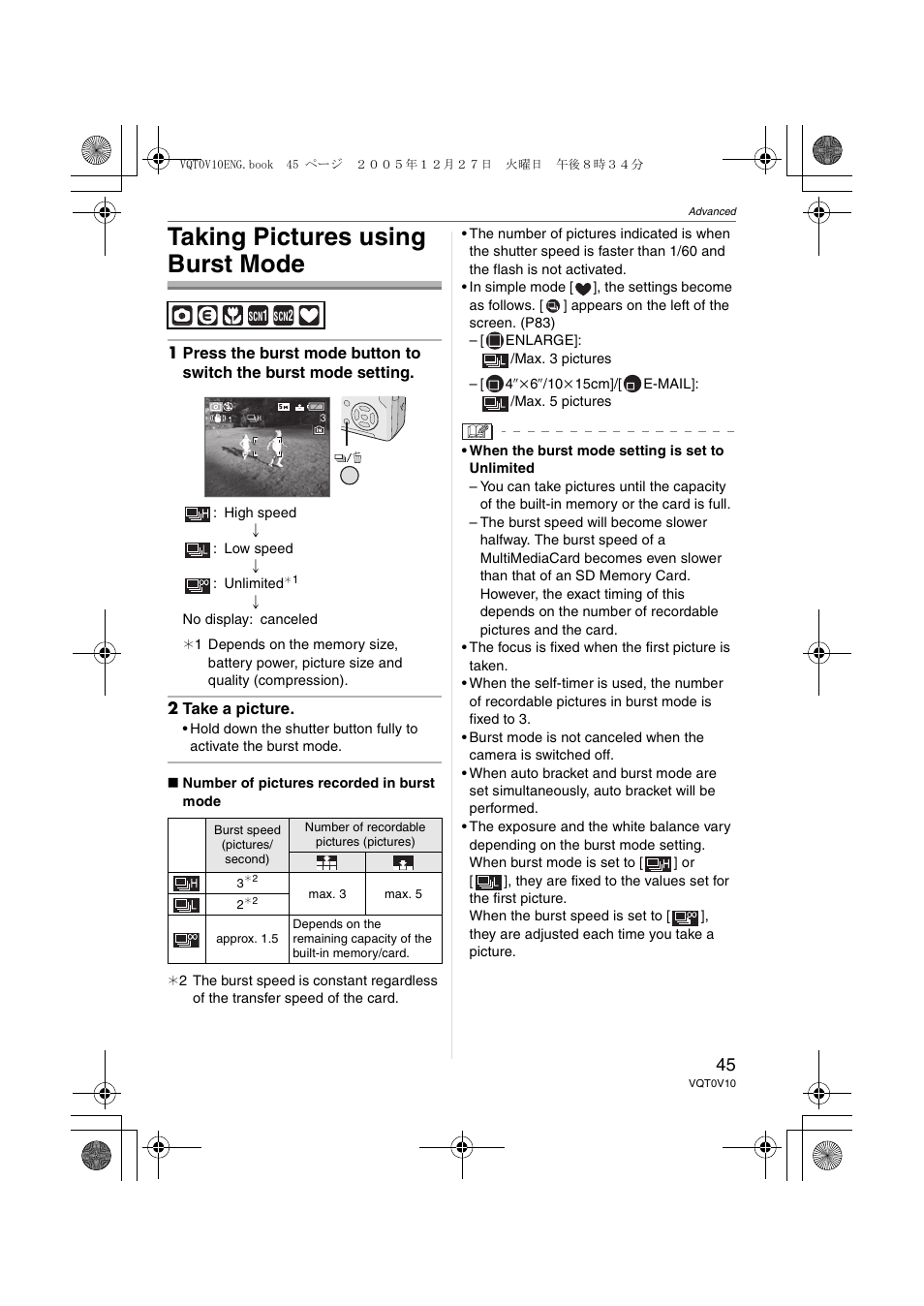 Taking pictures using burst mode | Panasonic DMC-LS2 User Manual | Page 45 / 104