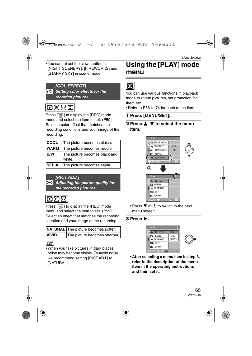 Using the [play] mode menu, Col.effect, Pict.adj | 3 press 1 | Panasonic DMC-LS2 User Manual | Page 65 / 104