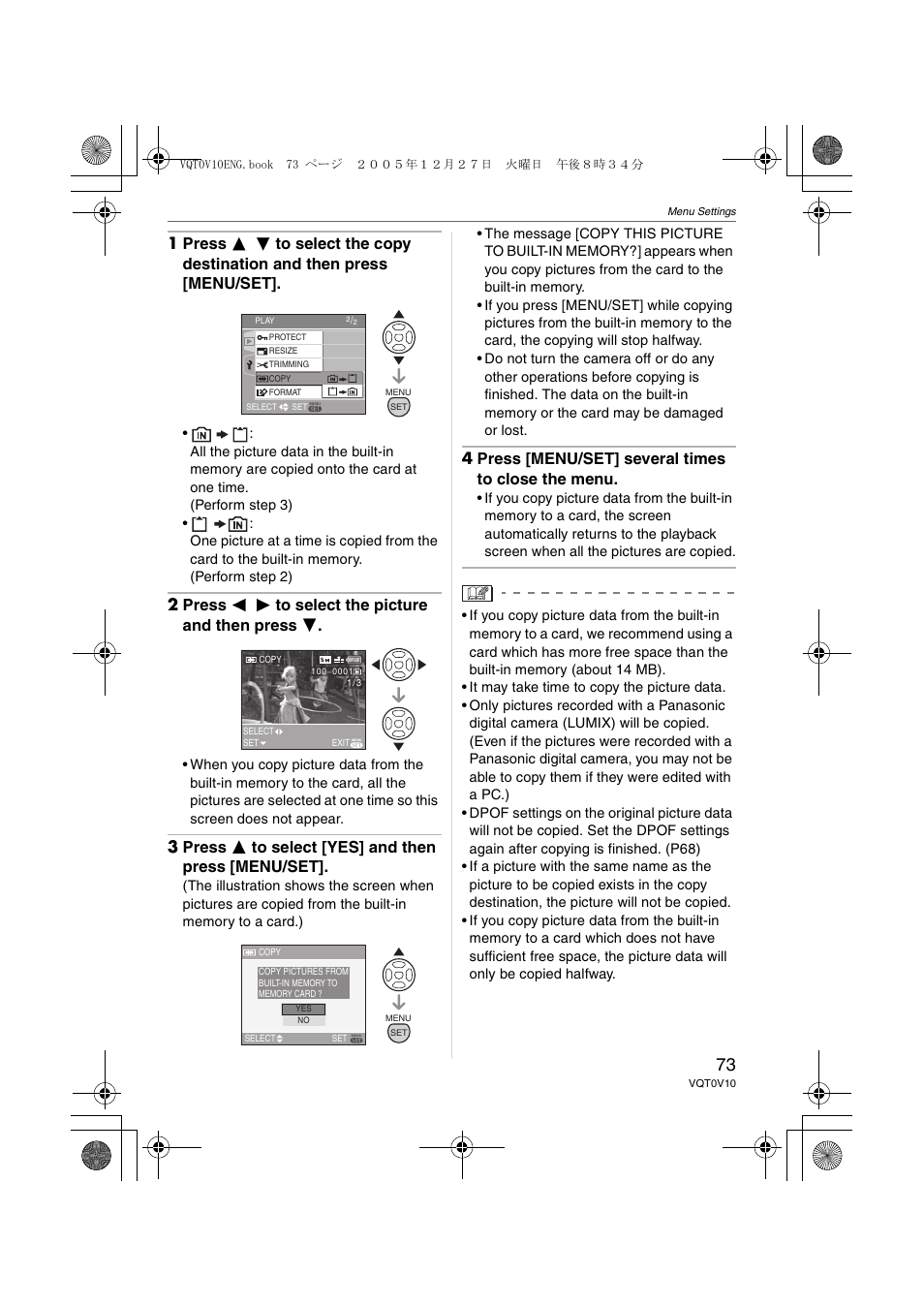 2 press 2 1 to select the picture and then press 4, 3 press 3 to select [yes] and then press [menu/set, 4 press [menu/set] several times to close the menu | Panasonic DMC-LS2 User Manual | Page 73 / 104