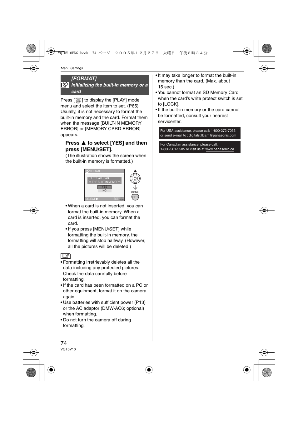 Format, Press 3 to select [yes] and then press [menu/set | Panasonic DMC-LS2 User Manual | Page 74 / 104