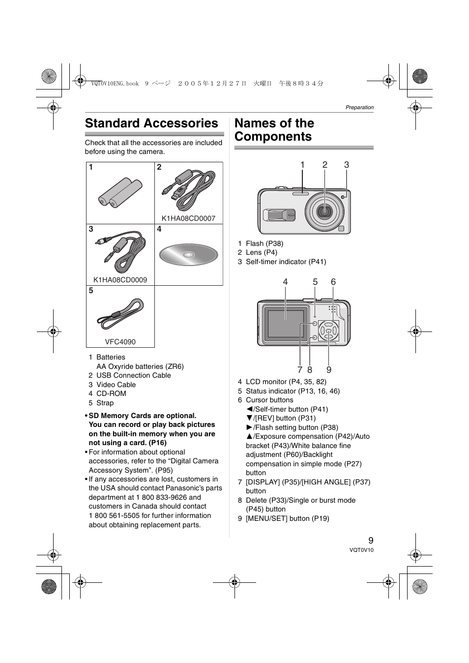 Preparation, Standard accessories, Names of the components | Panasonic DMC-LS2 User Manual | Page 9 / 104