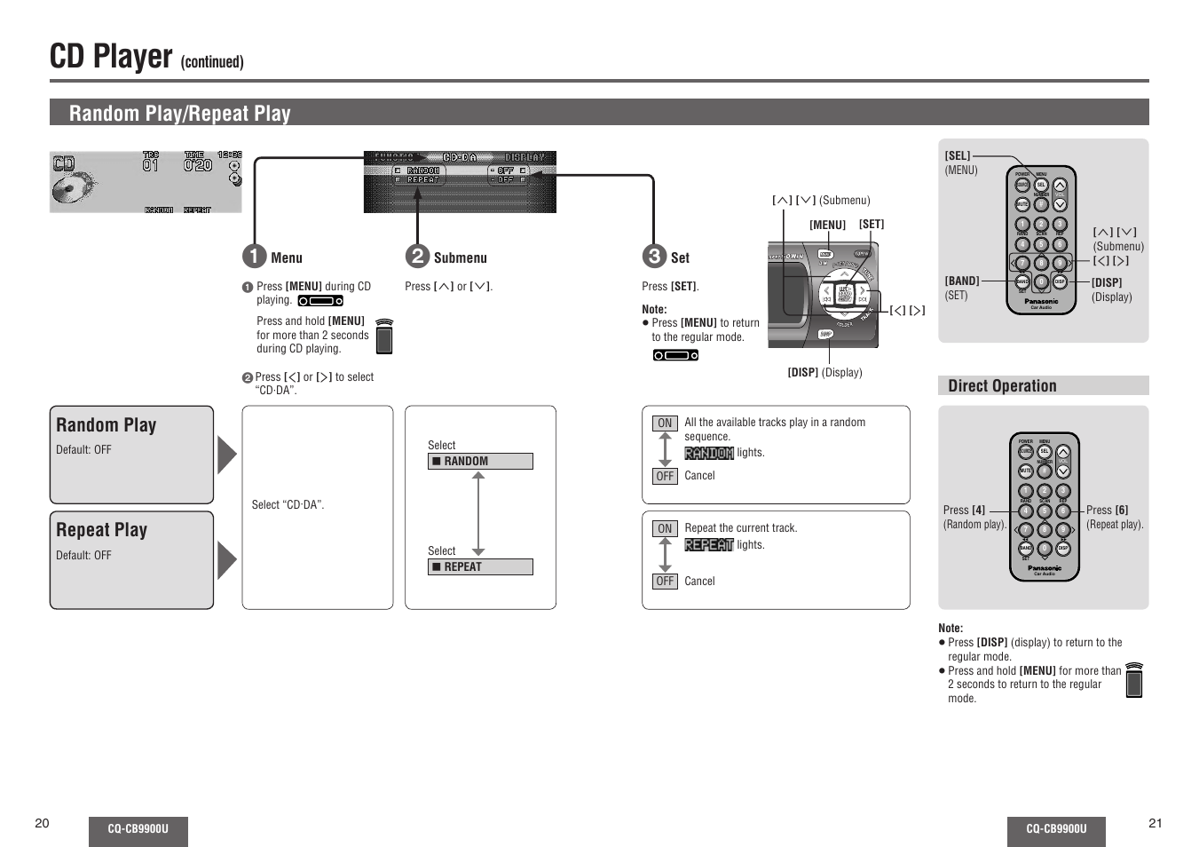 Cd player, Random play/repeat play, Random play | Repeat play, Continued), Direct operation, Menu, Submenu | Panasonic CQ-CB9900U User Manual | Page 11 / 32