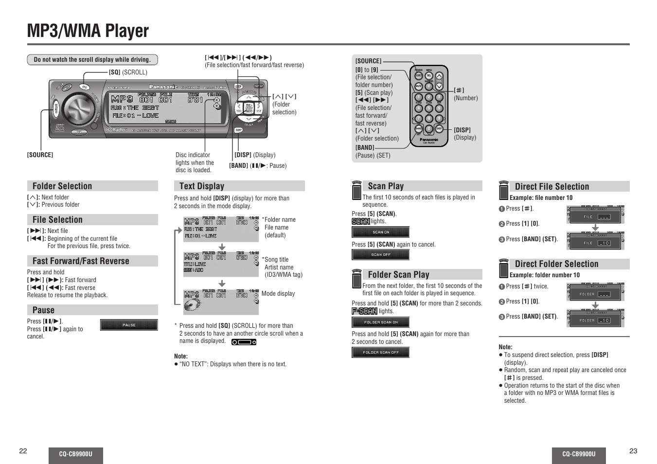 Mp3/wma player, Folder selection, File selection | Fast forward/fast reverse, Pause, Scan play, Folder scan play, Direct file selection, Direct folder selection, Text display | Panasonic CQ-CB9900U User Manual | Page 12 / 32
