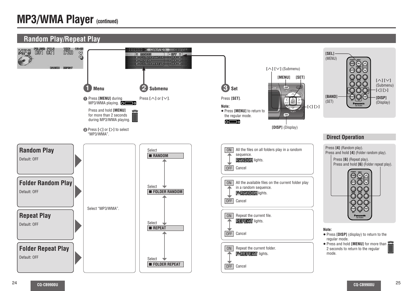 Mp3/wma player, Random play/repeat play, Random play | Folder random play, Repeat play, Folder repeat play, Continued), Direct operation | Panasonic CQ-CB9900U User Manual | Page 13 / 32