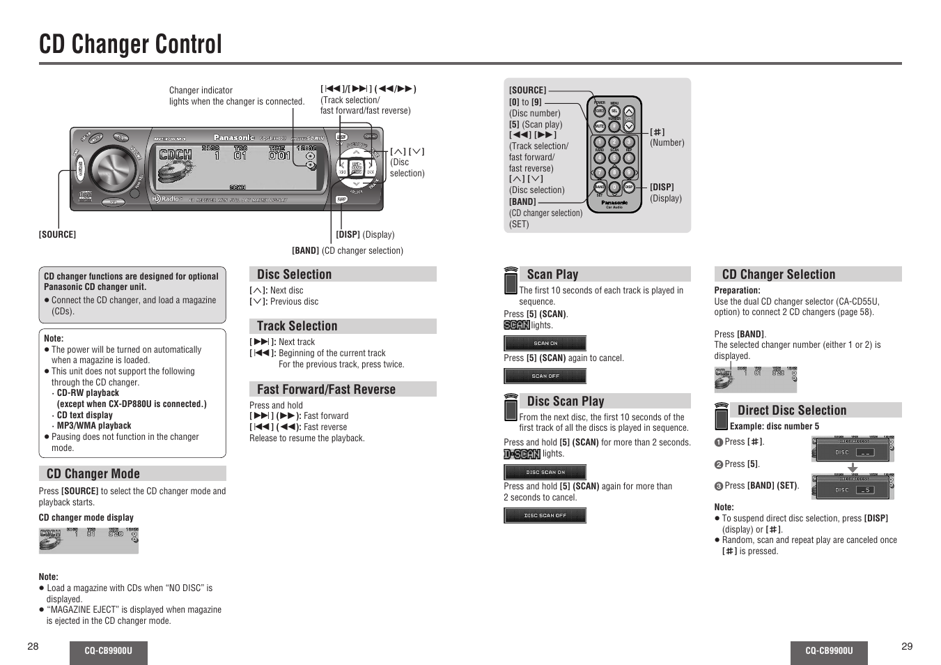 Cd changer control, Disc selection, Track selection | Fast forward/fast reverse, Cd changer mode, Cd changer selection, Direct disc selection, Scan play, Disc scan play | Panasonic CQ-CB9900U User Manual | Page 15 / 32