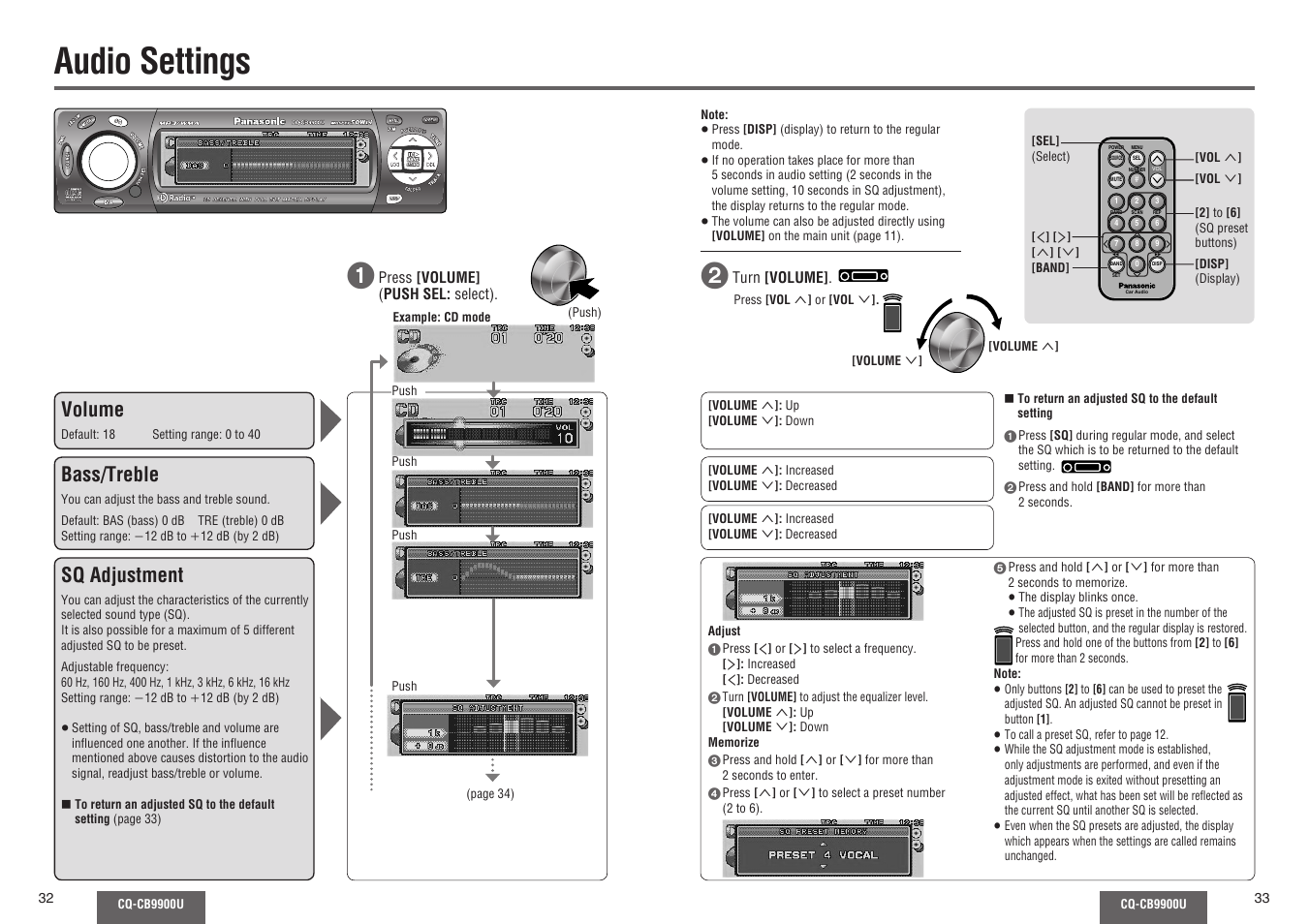 Audio settings, Volume, Bass/treble | Sq adjustment | Panasonic CQ-CB9900U User Manual | Page 17 / 32