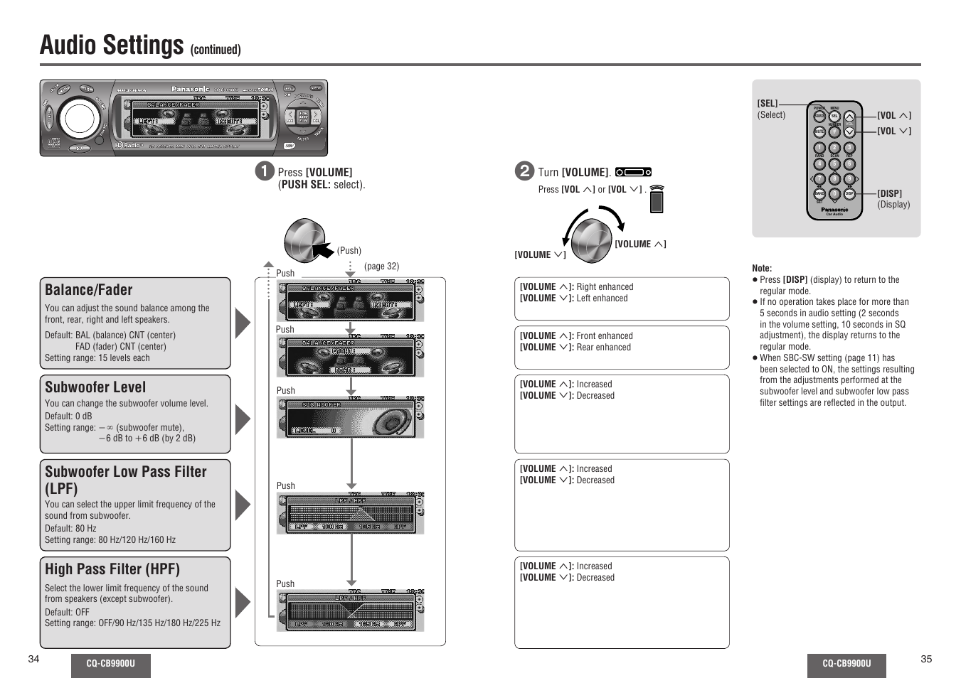 Audio settings, Balance/fader, Subwoofer level | Subwoofer low pass filter (lpf), High pass filter (hpf), Continued) | Panasonic CQ-CB9900U User Manual | Page 18 / 32