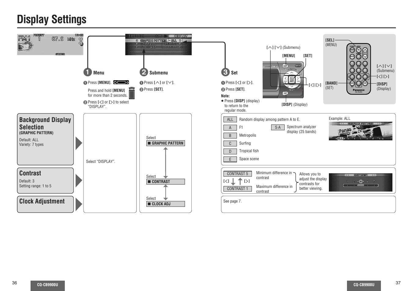 Display settings, Background display selection, Contrast | Clock adjustment | Panasonic CQ-CB9900U User Manual | Page 19 / 32
