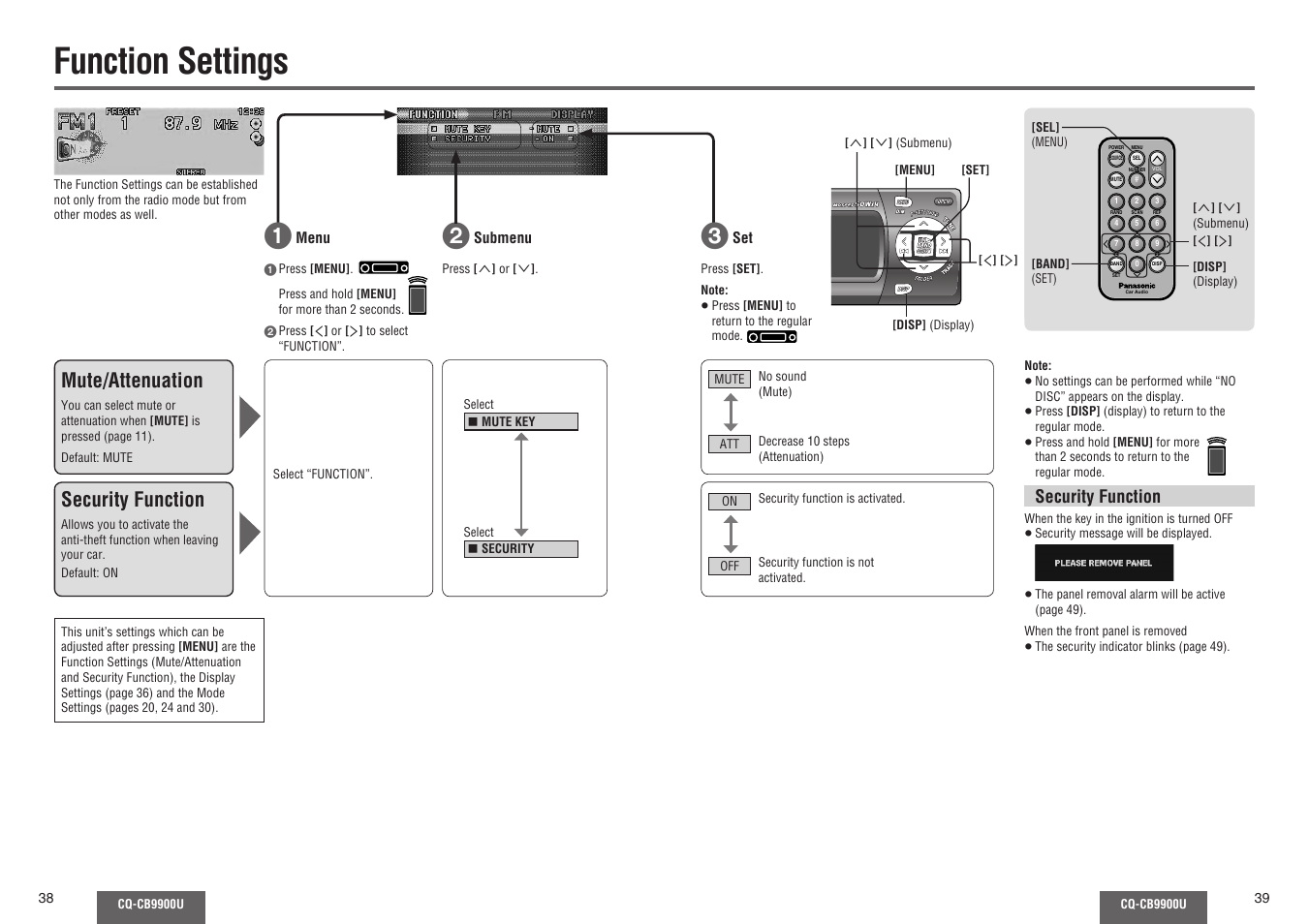 Function settings, Mute/attenuation, Security function | Panasonic CQ-CB9900U User Manual | Page 20 / 32