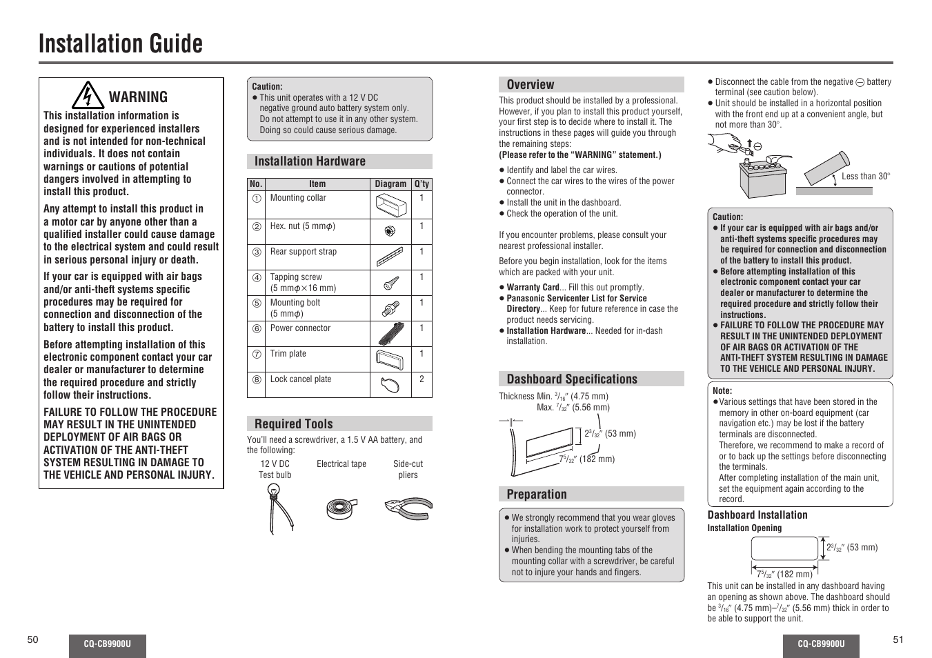 Installation guide, Warning | Panasonic CQ-CB9900U User Manual | Page 26 / 32