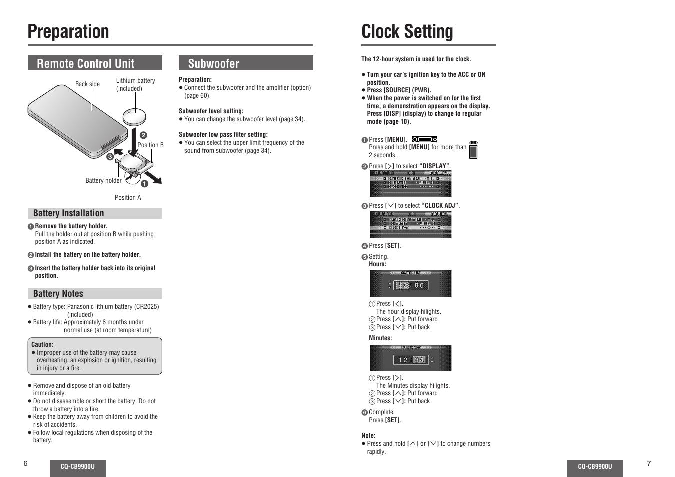 Preparation, Clock setting, Remote control unit | Subwoofer | Panasonic CQ-CB9900U User Manual | Page 4 / 32