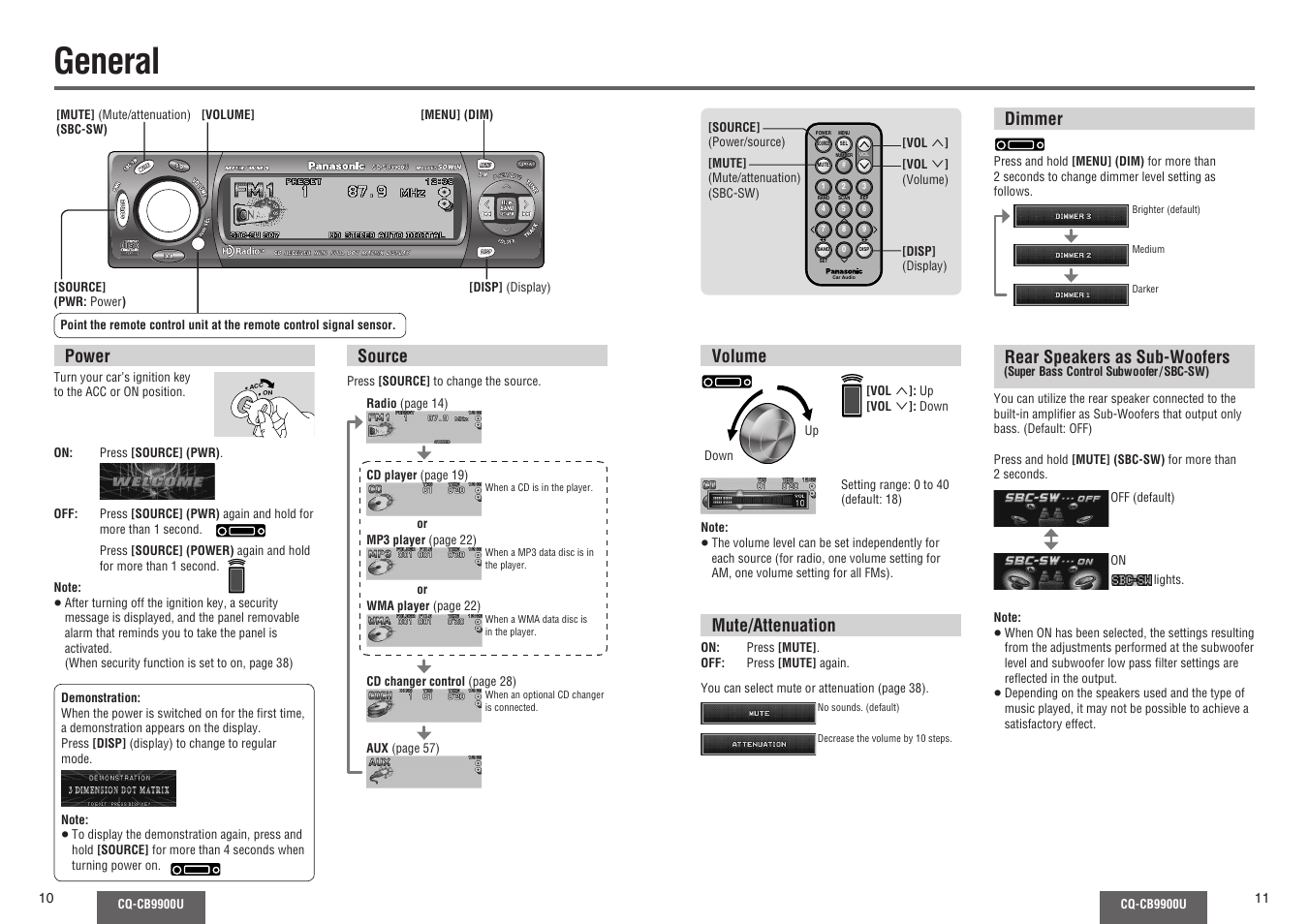 General, Volume, Source power | Rear speakers as sub-woofers, Mute/attenuation, Dimmer | Panasonic CQ-CB9900U User Manual | Page 6 / 32