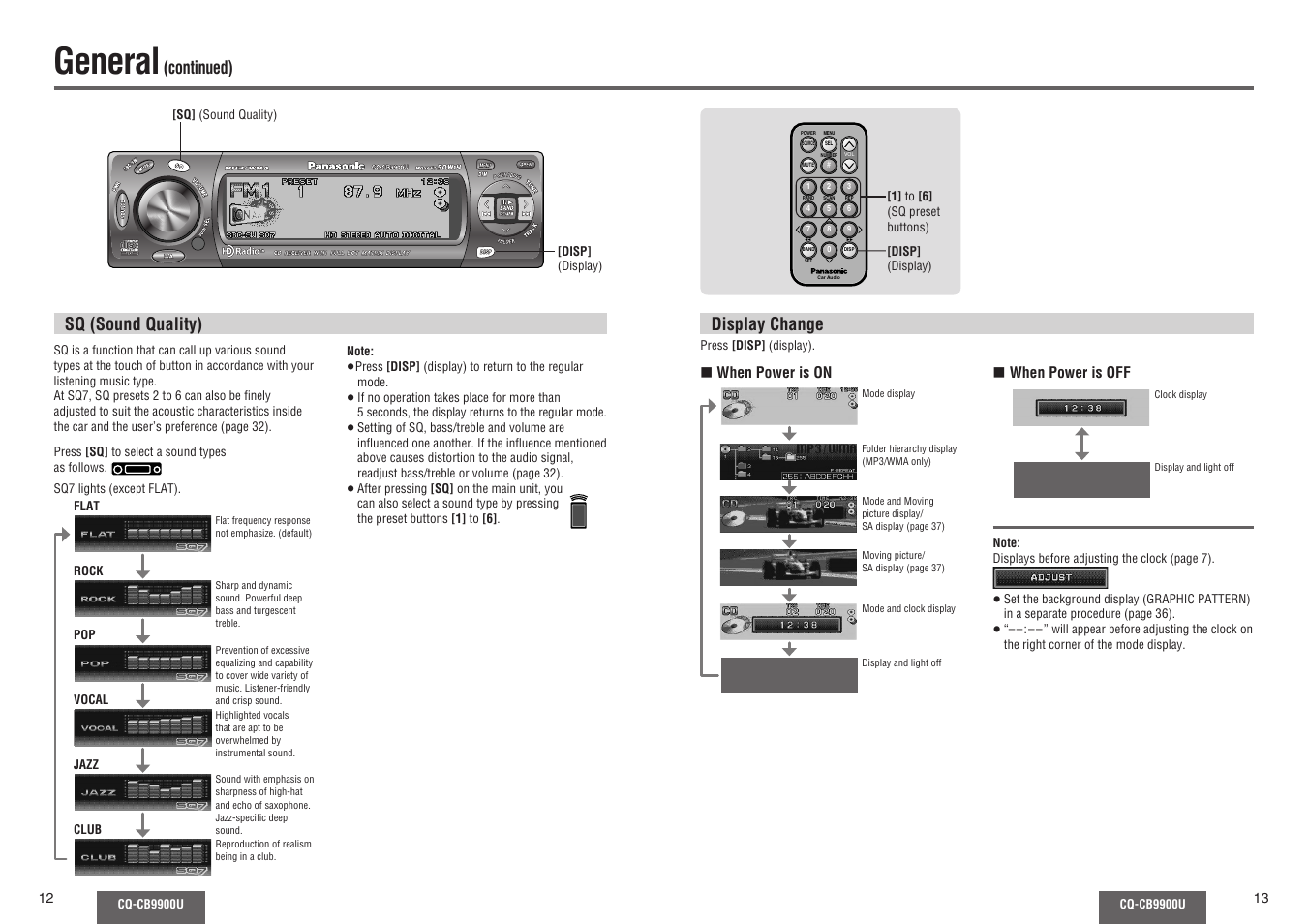 General, Continued), Display change | Sq (sound quality), When power is on, When power is off | Panasonic CQ-CB9900U User Manual | Page 7 / 32