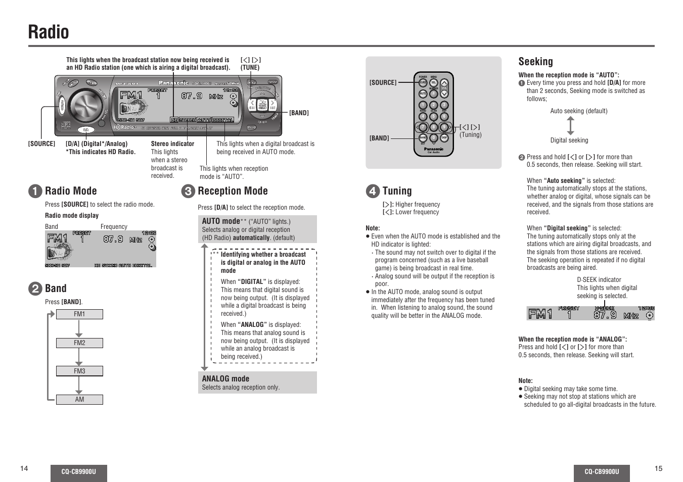 Radio, Radio mode, Reception mode | Band, Tuning, Seeking | Panasonic CQ-CB9900U User Manual | Page 8 / 32