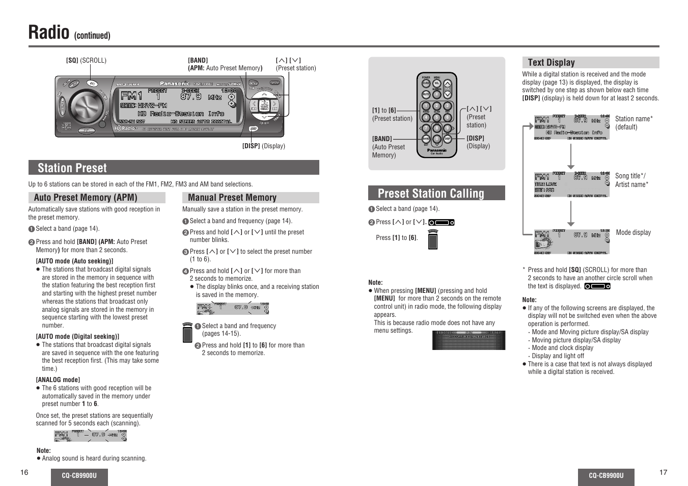 Radio, Station preset, Preset station calling | Continued), Text display | Panasonic CQ-CB9900U User Manual | Page 9 / 32