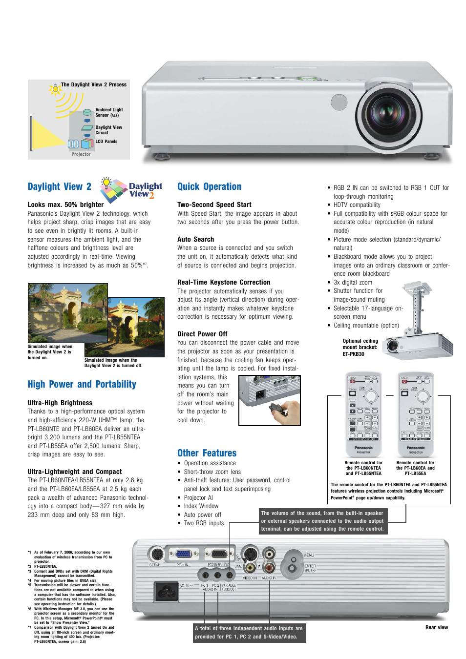 Daylight view 2, High power and portability, Quick operation | Other features | Panasonic PT-LB60 series User Manual | Page 3 / 4