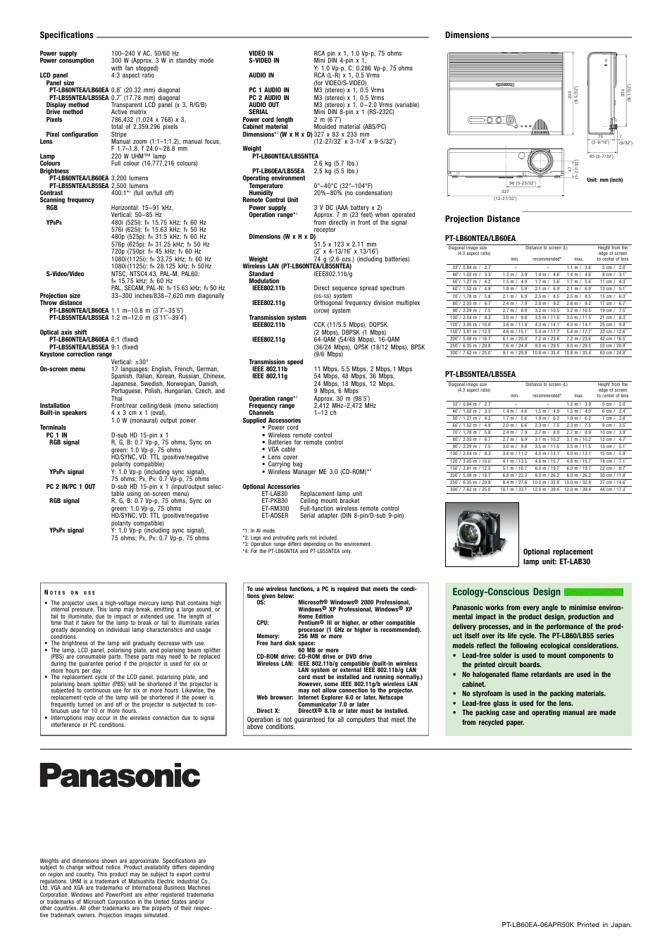 Ecology-conscious design, Specifications, Projection distance | Dimensions, Pt-lb60ntea/lb60ea, Pt-lb55ntea/lb55ea, Optional replacement lamp unit: et-lab30 | Panasonic PT-LB60 series User Manual | Page 4 / 4