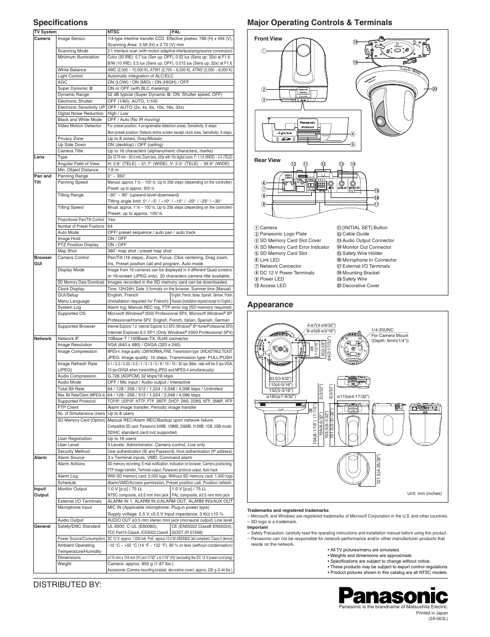 Distributed by, Specifications, Major operating controls & terminals appearance | Panasonic SUPER DYNAMIC III WV-NS202A User Manual | Page 2 / 2