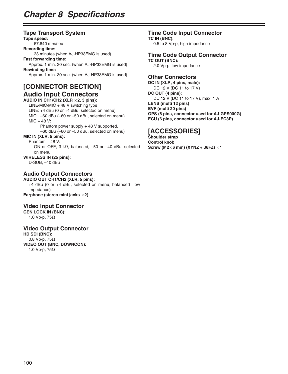 Chapter 8 specifications, Accessories | Panasonic AJ-HDX400P User Manual | Page 100 / 102