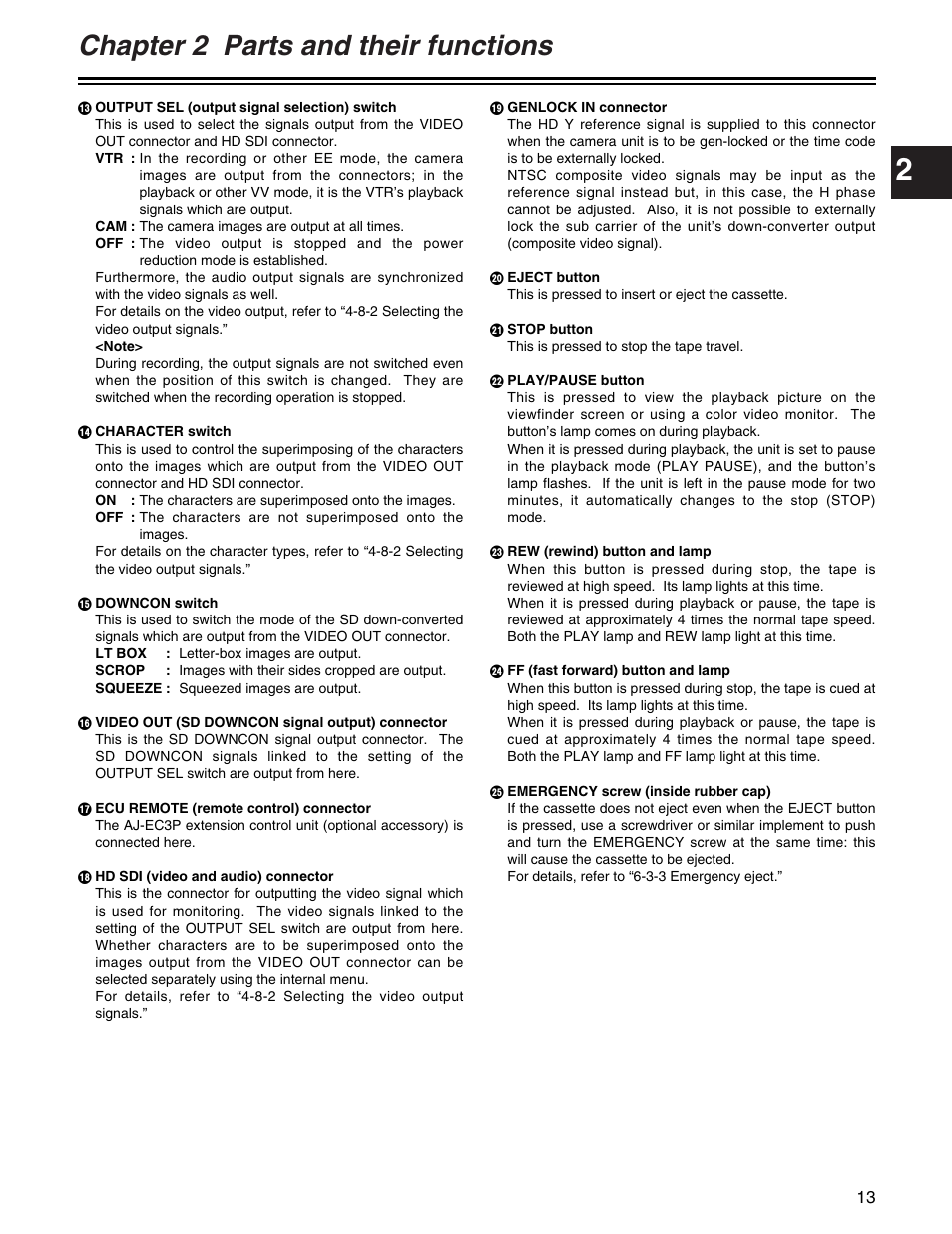 Chapter 2 parts and their functions | Panasonic AJ-HDX400P User Manual | Page 13 / 102