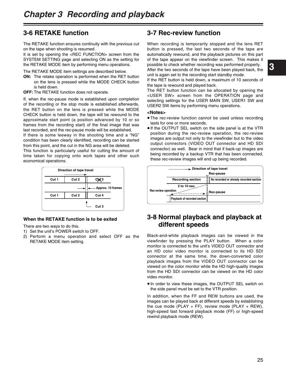 Chapter 3 recording and playback, 6 retake function, 8 normal playback and playback at different speeds | 7 rec-review function | Panasonic AJ-HDX400P User Manual | Page 25 / 102