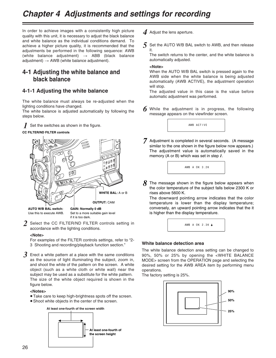 Chapter 4 adjustments and settings for recording, 1 adjusting the white balance and black balance | Panasonic AJ-HDX400P User Manual | Page 26 / 102
