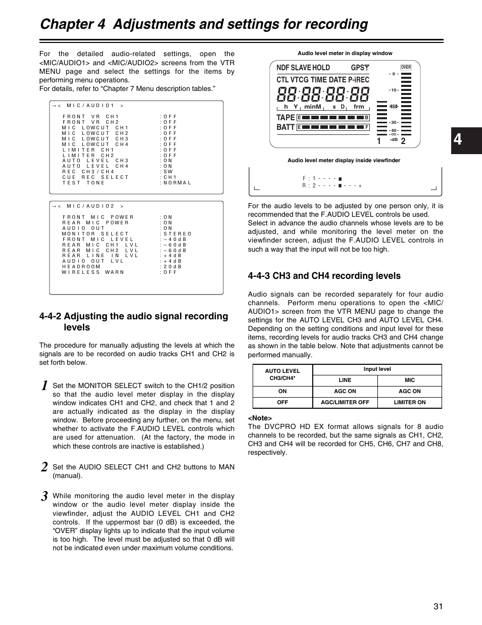 Chapter 4 adjustments and settings for recording, 4-2 adjusting the audio signal recording levels, 4-3 ch3 and ch4 recording levels | Panasonic AJ-HDX400P User Manual | Page 31 / 102