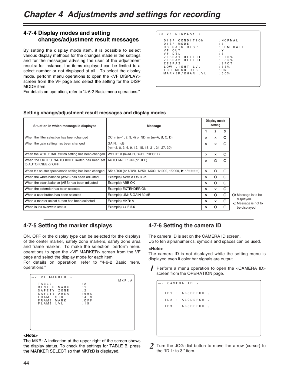 Chapter 4 adjustments and settings for recording, 7-6 setting the camera id, 7-5 setting the marker displays | Panasonic AJ-HDX400P User Manual | Page 44 / 102