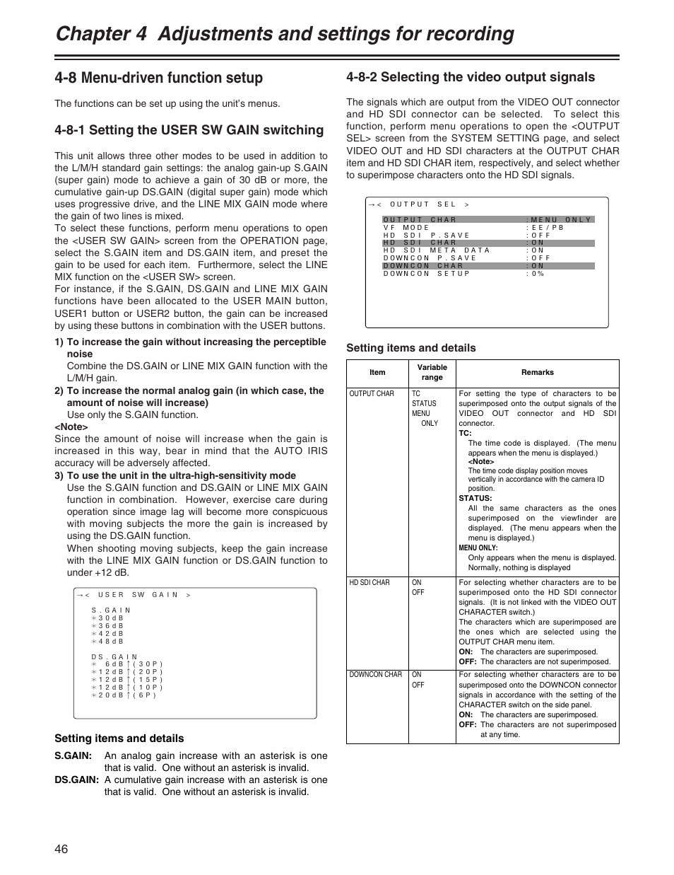 Chapter 4 adjustments and settings for recording, 8 menu-driven function setup, 8-1 setting the user sw gain switching | 8-2 selecting the video output signals, Setting items and details | Panasonic AJ-HDX400P User Manual | Page 46 / 102