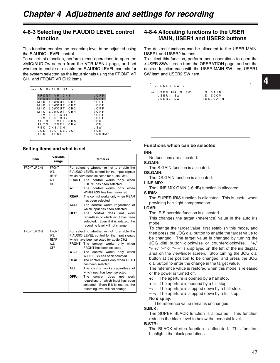 Chapter 4 adjustments and settings for recording, 8-3 selecting the f.audio level control function | Panasonic AJ-HDX400P User Manual | Page 47 / 102