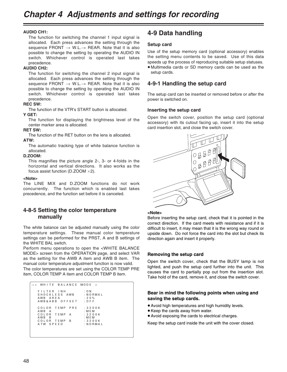 Chapter 4 adjustments and settings for recording, 9 data handling, 8-5 setting the color temperature manually | 9-1 handling the setup card | Panasonic AJ-HDX400P User Manual | Page 48 / 102