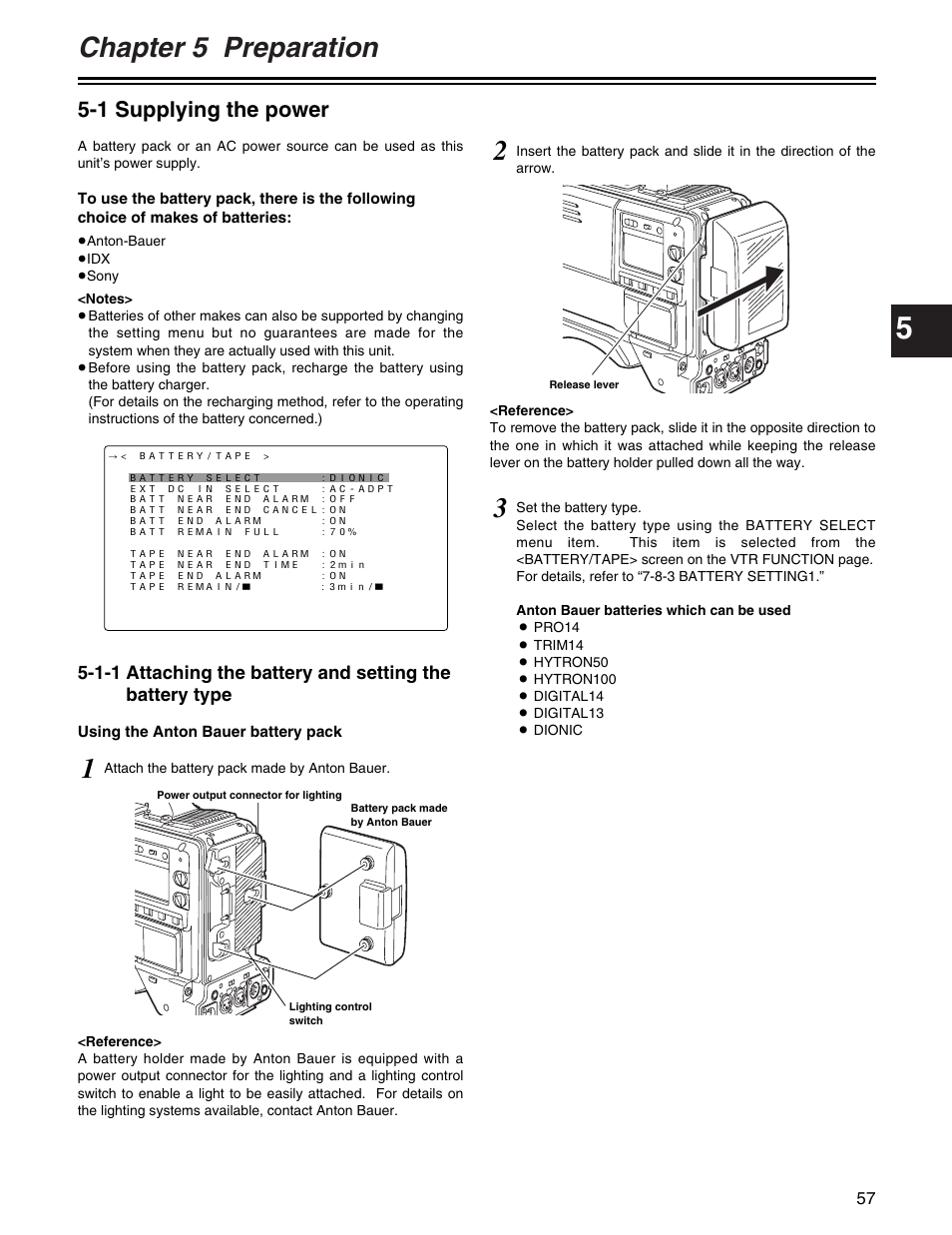 Chapter 5 preparation, 1 supplying the power | Panasonic AJ-HDX400P User Manual | Page 57 / 102