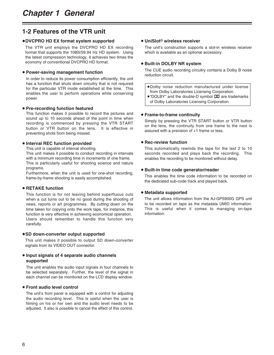 Chapter 1 general, 2 features of the vtr unit | Panasonic AJ-HDX400P User Manual | Page 6 / 102