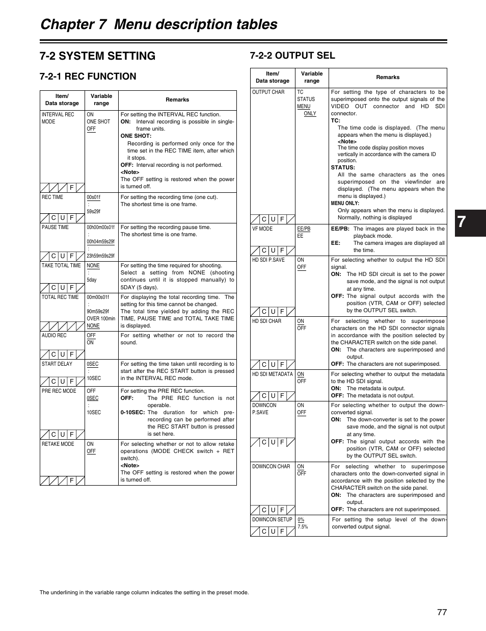 Chapter 7 menu description tables, 2 system setting, 2-1 rec function | 2-2 output sel | Panasonic AJ-HDX400P User Manual | Page 77 / 102