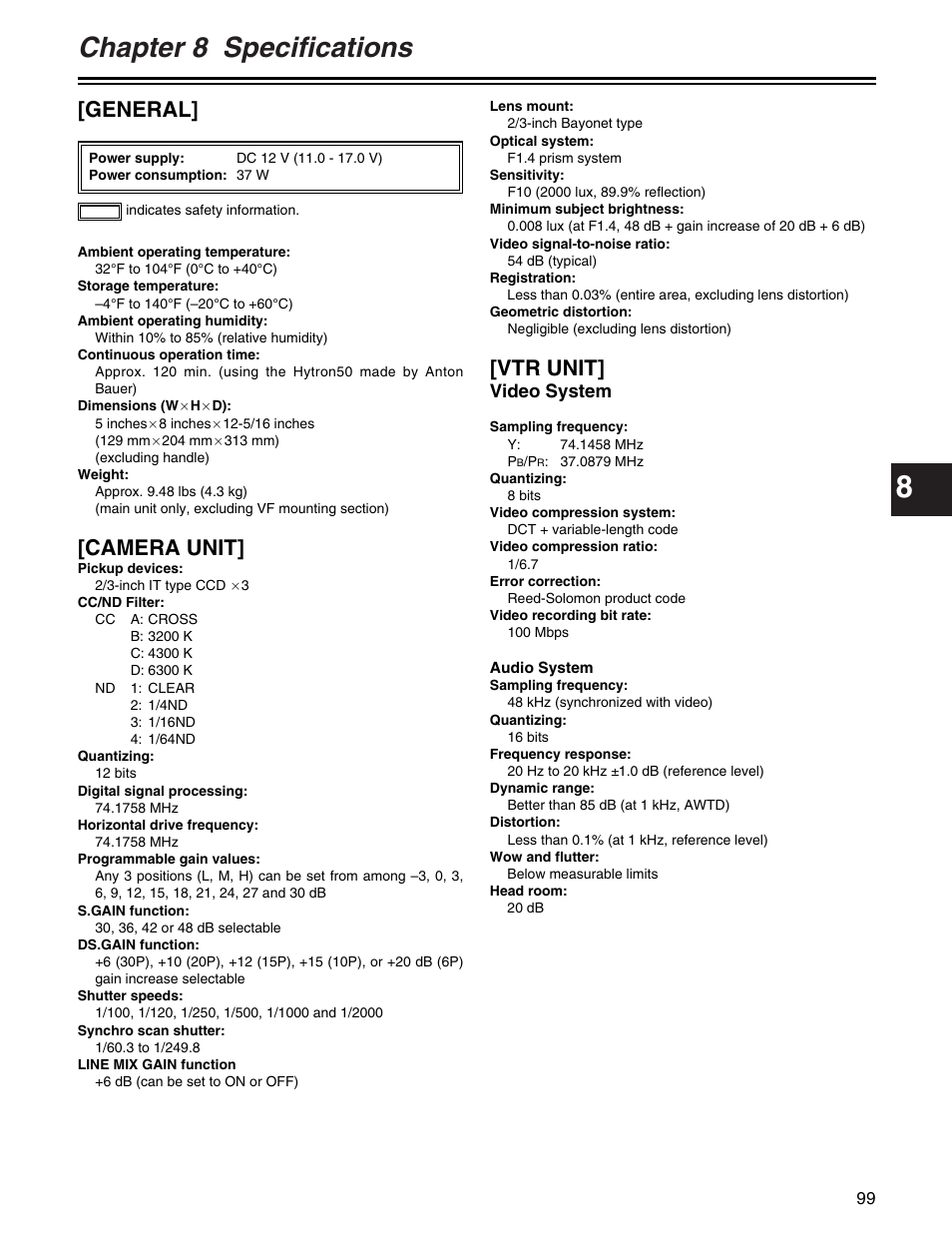 Chapter 8 specifications, General, Camera unit | Vtr unit, Video system | Panasonic AJ-HDX400P User Manual | Page 99 / 102