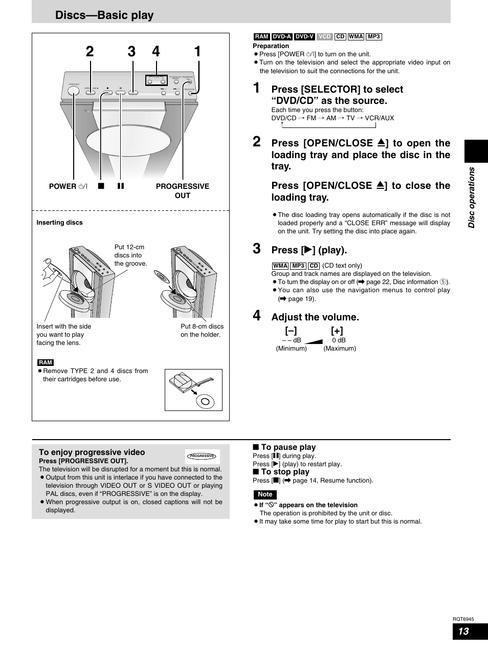 Disc operations, Discs - basic play, Discs—basic play | Press [selector] to select “dvd/cd” as the source, Press [ q ] (play), Adjust the volume | Panasonic SC-ST1 User Manual | Page 13 / 40