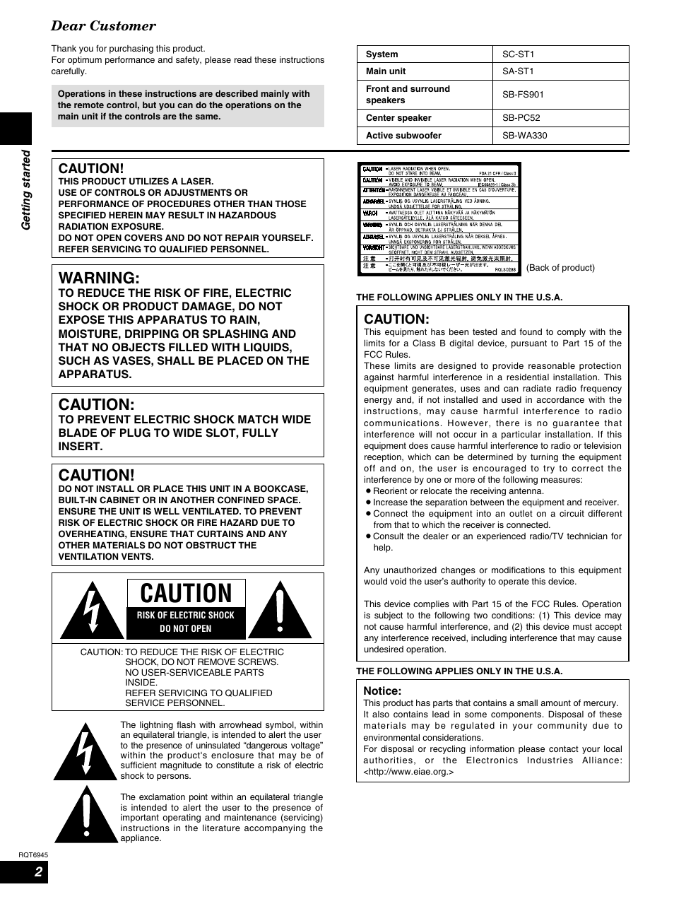 Warning, Dear customer, Caution | Panasonic SC-ST1 User Manual | Page 2 / 40