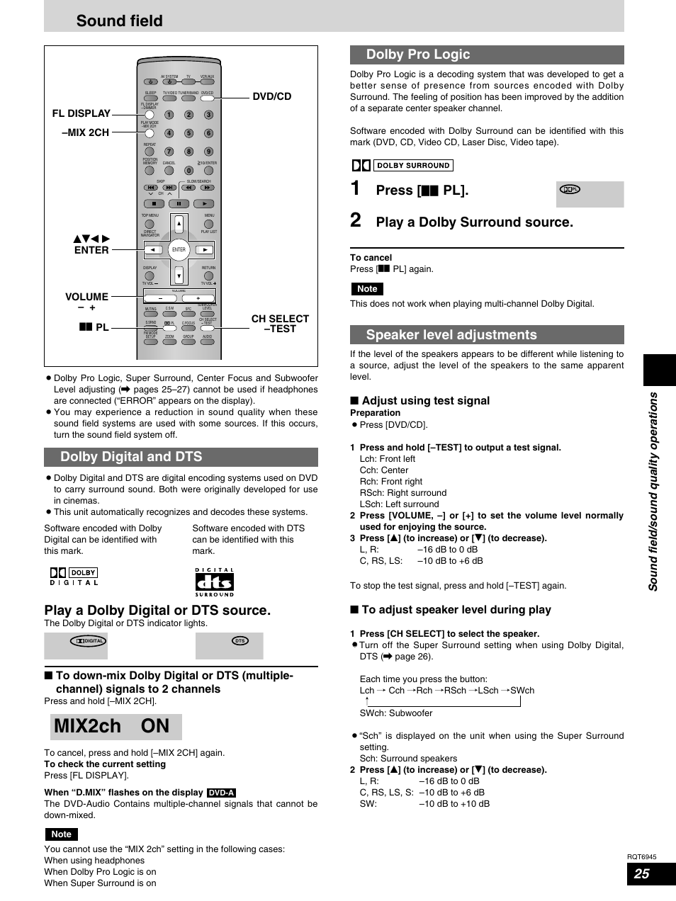 Sound field/sound quality operations, Sound field, Mix2ch on | Dolby digital and dts, Play a dolby digital or dts source, Dolby pro logic, Press [ % pl, Play a dolby surround source, Speaker level adjustments, Adjust using test signal | Panasonic SC-ST1 User Manual | Page 25 / 40