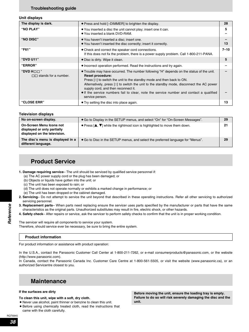 Product service, Maintenance, Reference troubleshooting guide | Panasonic SC-ST1 User Manual | Page 38 / 40