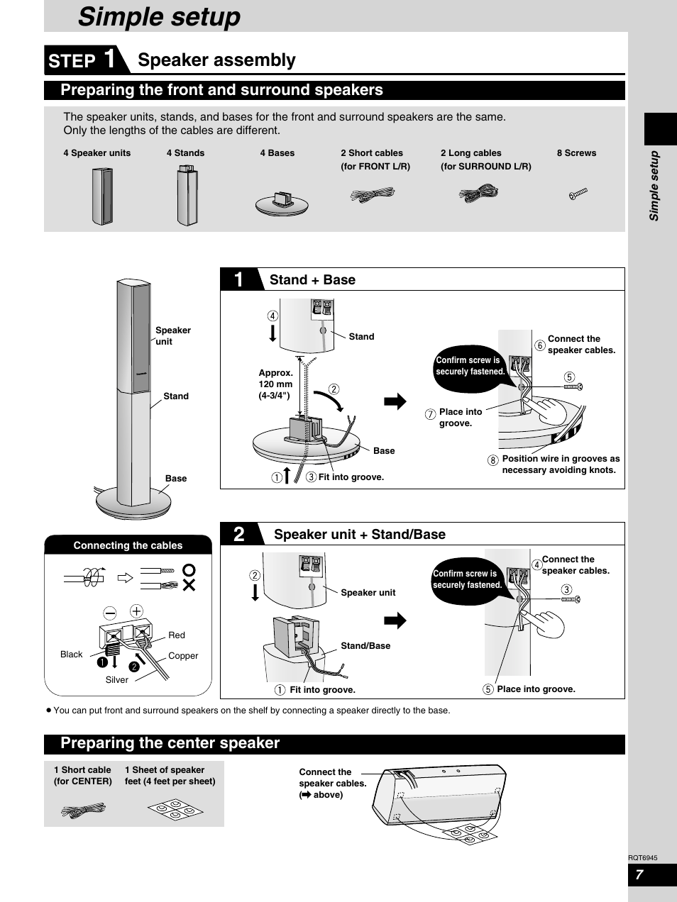 Simple setup - step 1 - speaker assembly, Simple setup, Speaker assembly | Step | Panasonic SC-ST1 User Manual | Page 7 / 40