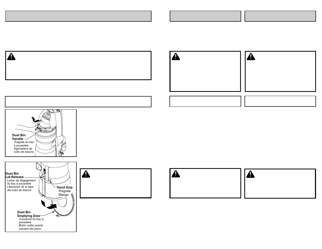Routine care of vacuum cleaner, Dust bin cleaning, Attention | Cuidado, Caution, Aad dv ve er rt te en nc ciia a, Avertissement, Warning | Panasonic MC-UL975 User Manual | Page 32 / 64