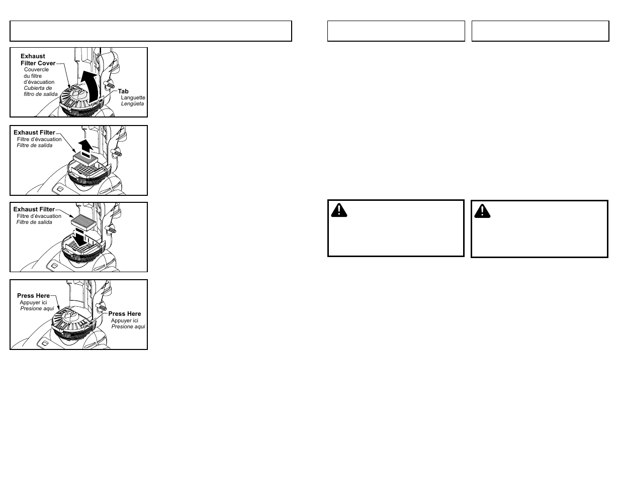 Replacing hepa exhaust filter, Attention, Cuidado | Panasonic MC-UL975 User Manual | Page 40 / 64