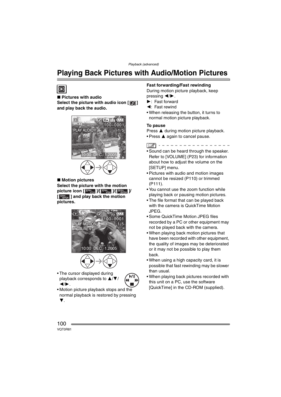 Playback (advanced), Playing back pictures with audio/motion pictures | Panasonic DMC-FZ30PP User Manual | Page 100 / 148