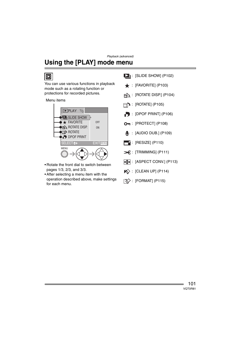 Usnig the [play] mode menu, Using the [play] mode menu | Panasonic DMC-FZ30PP User Manual | Page 101 / 148