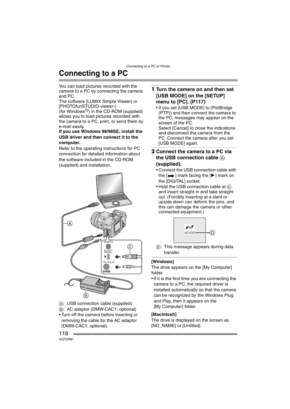 Connecting to a pc | Panasonic DMC-FZ30PP User Manual | Page 118 / 148