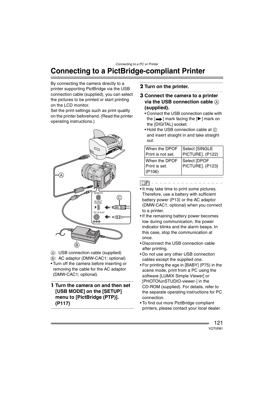 Connecting to a pictbridge-compliant printer | Panasonic DMC-FZ30PP User Manual | Page 121 / 148