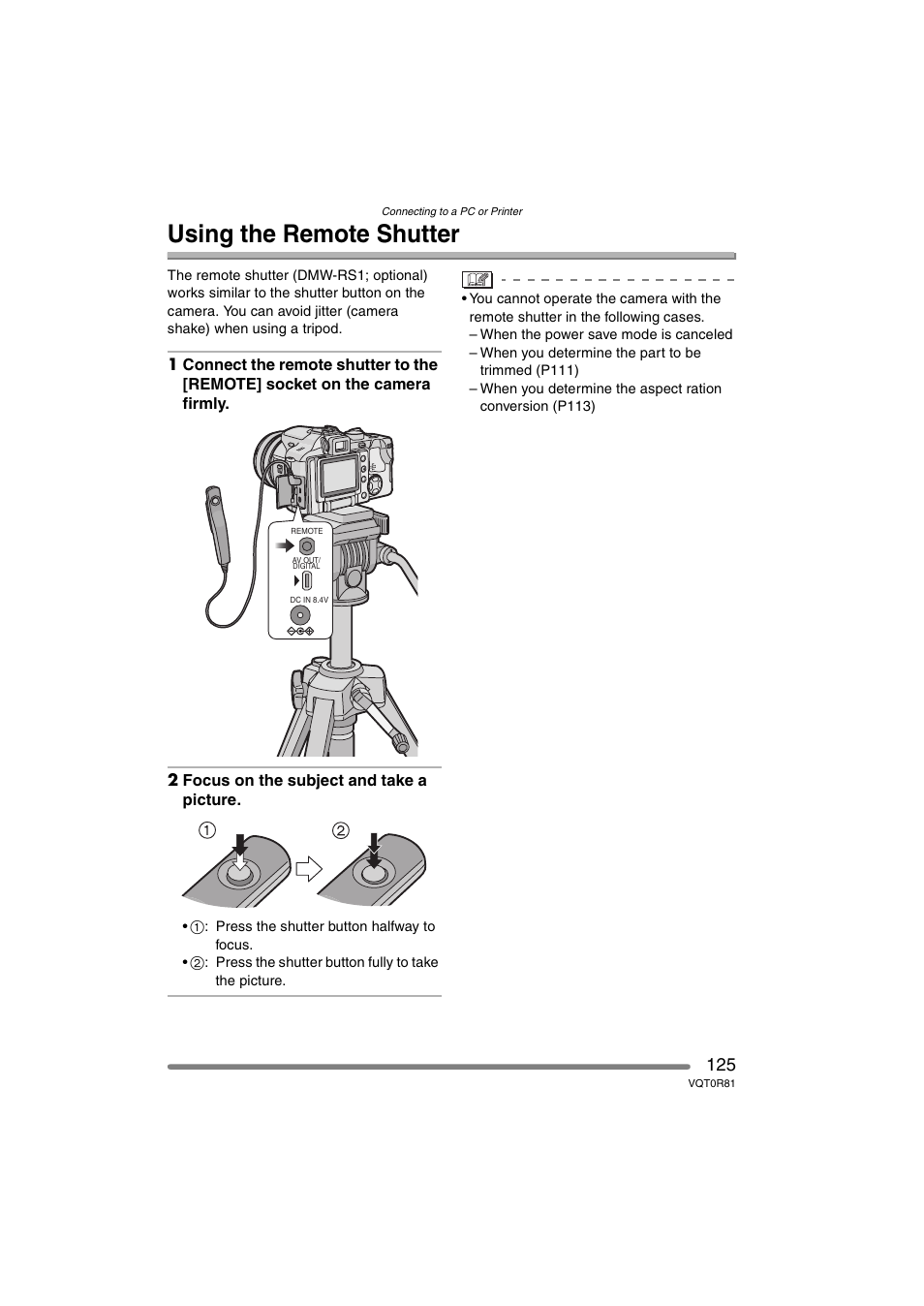 Usnig the remote shutter, Using the remote shutter | Panasonic DMC-FZ30PP User Manual | Page 125 / 148